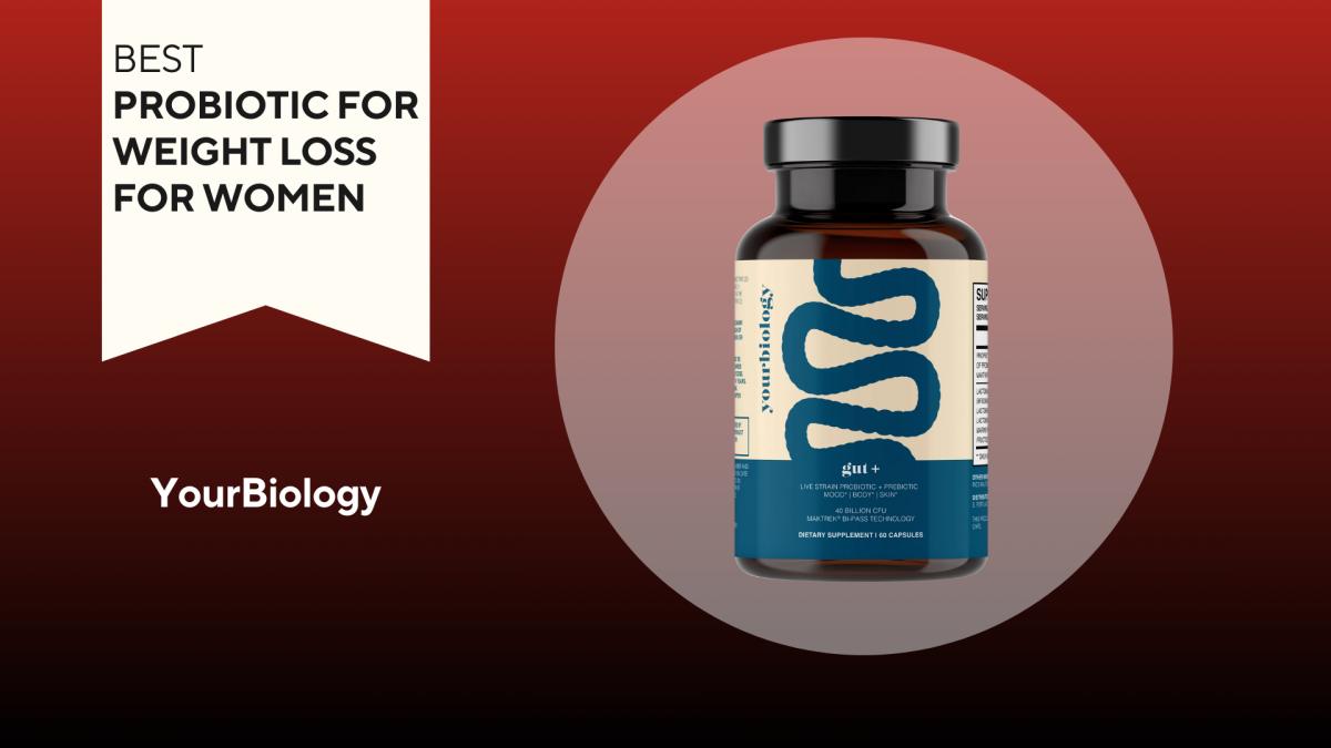 A red and black background with a white banner that reads best probiotic for weight loss for women beside a blue and cream colored bottle of YourBiology gut+ probiotic supplement